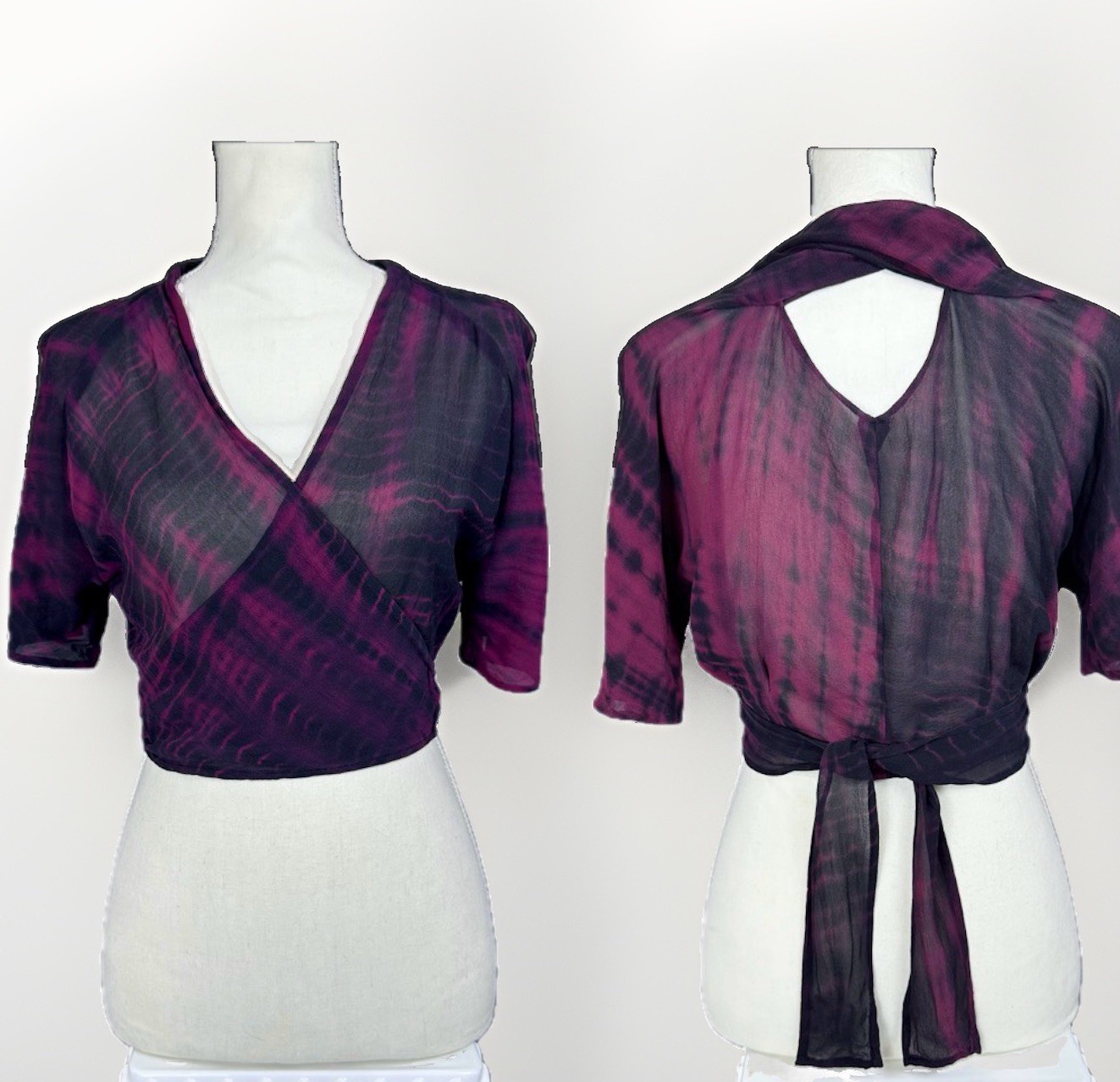 100% Silk Tie Dye Shibori L Crop Top Wrap Blouse Darts Twist Back Black Burgundy