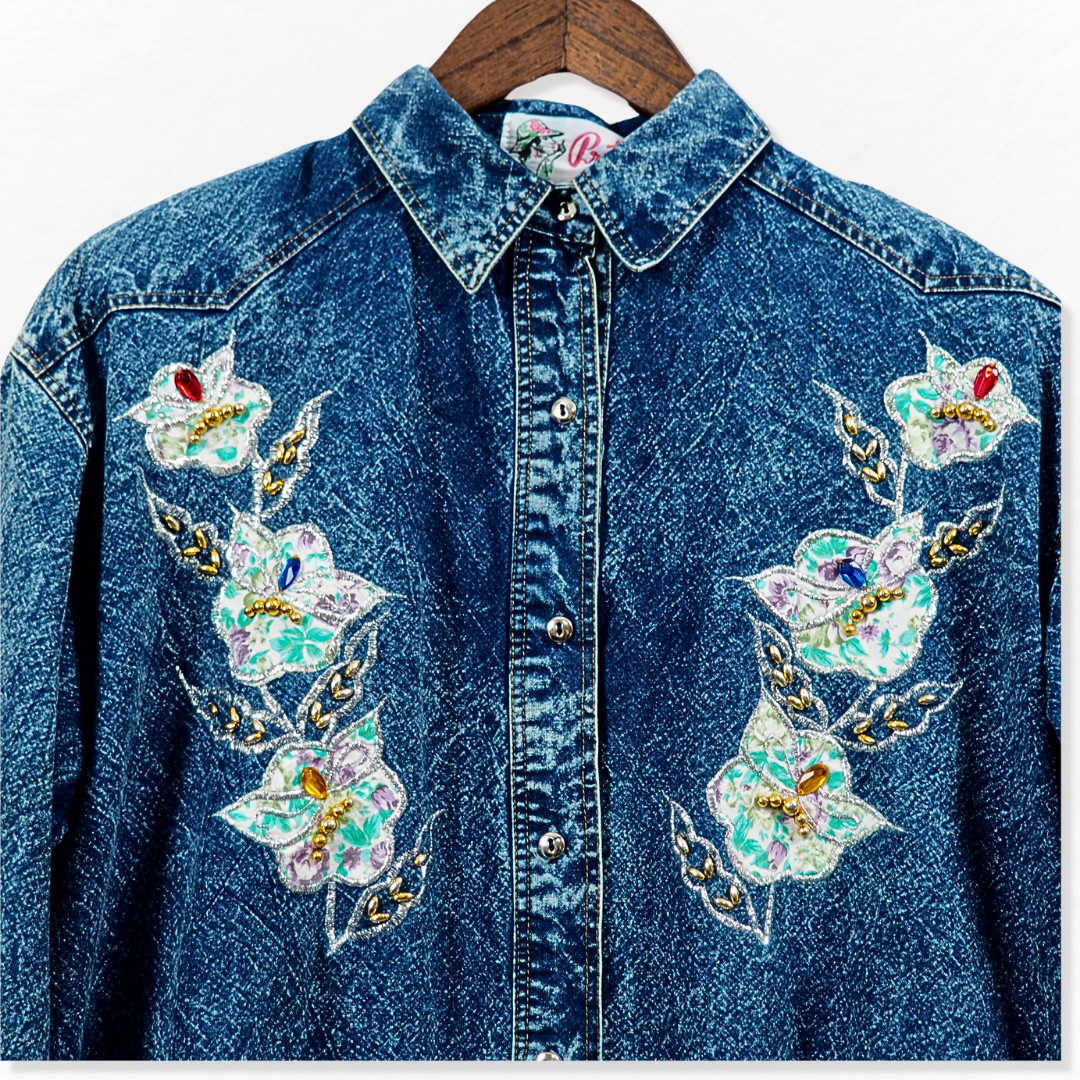 Vtg Western Denim Shirt Womens Small Embroidered Yoke Southwestern Boho Floral
