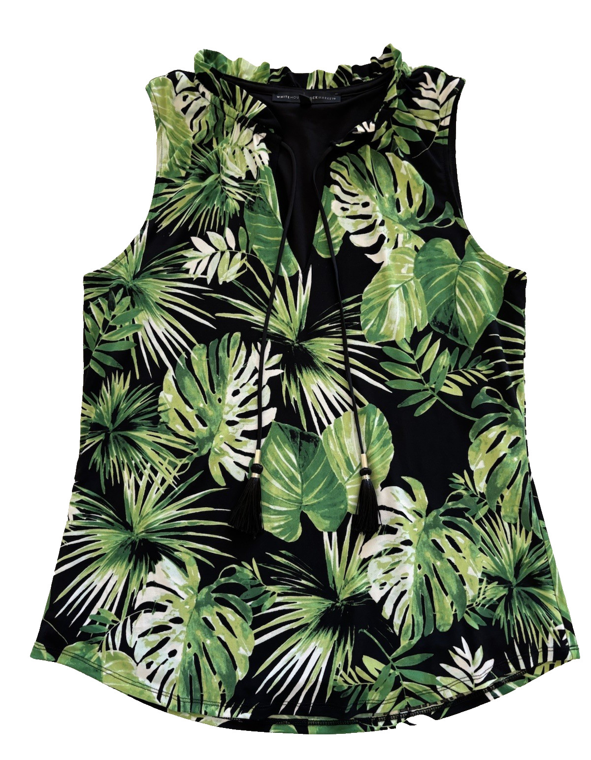 White House Black Market Womens Sleeveless Black and Green Leaf Print Top Medium