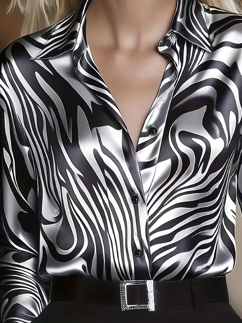 New Sexy Sultry Black & Silver Zebra Print Silky Satin Secretary Blouse Plus 4XL