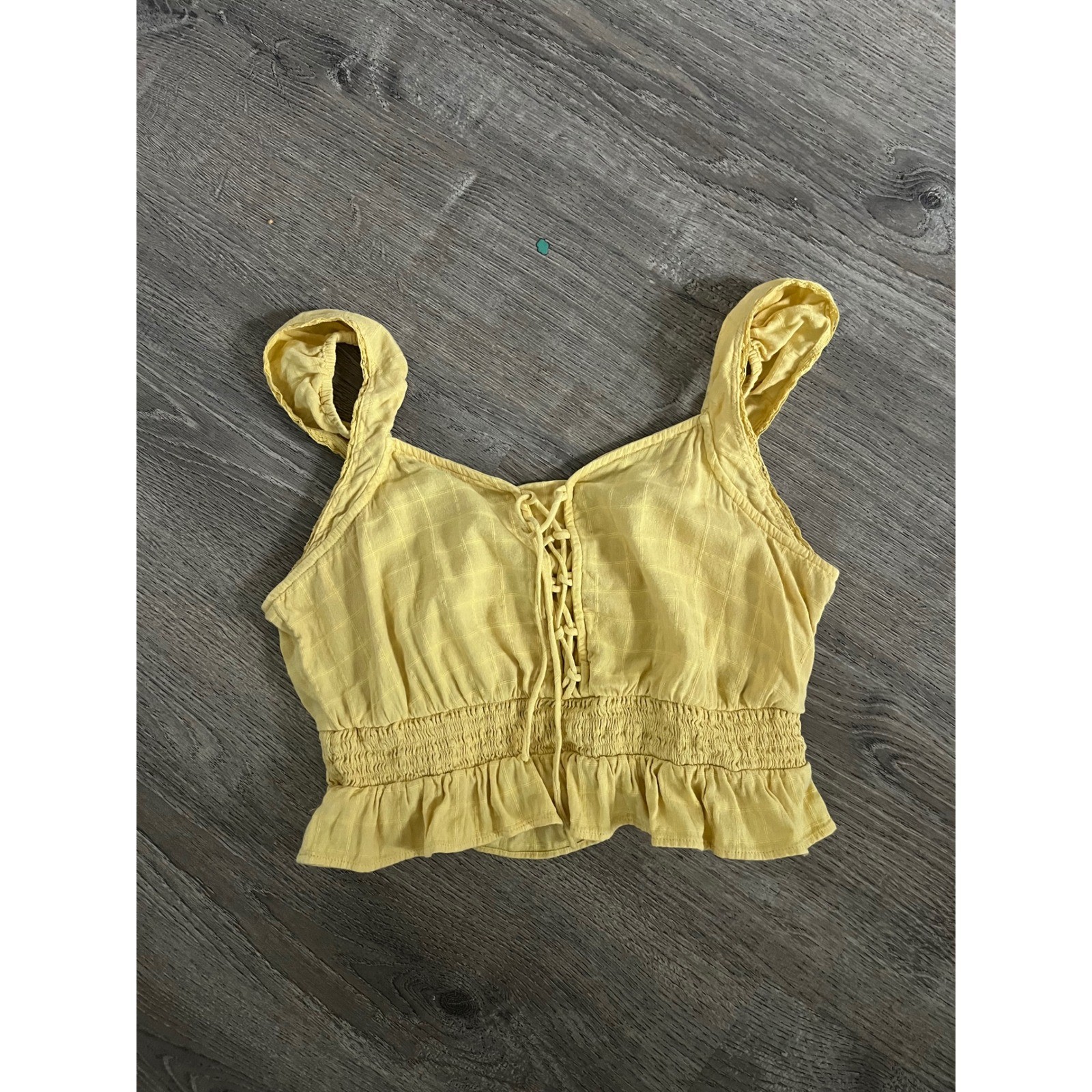 Aeropostale Yellow Lace Up Smocked Ruffle Crop Top Cotton Linen Blend M summer