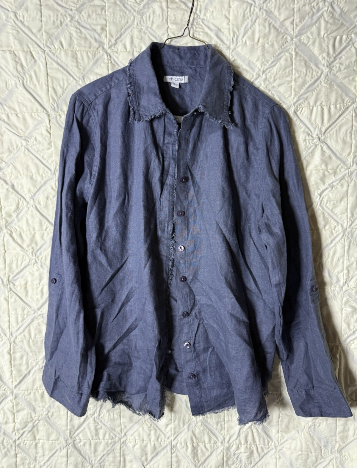 Chico’s Size 0.5 Blue Linen Frayed Button Front Shirt Long Sleeve Boho Casual