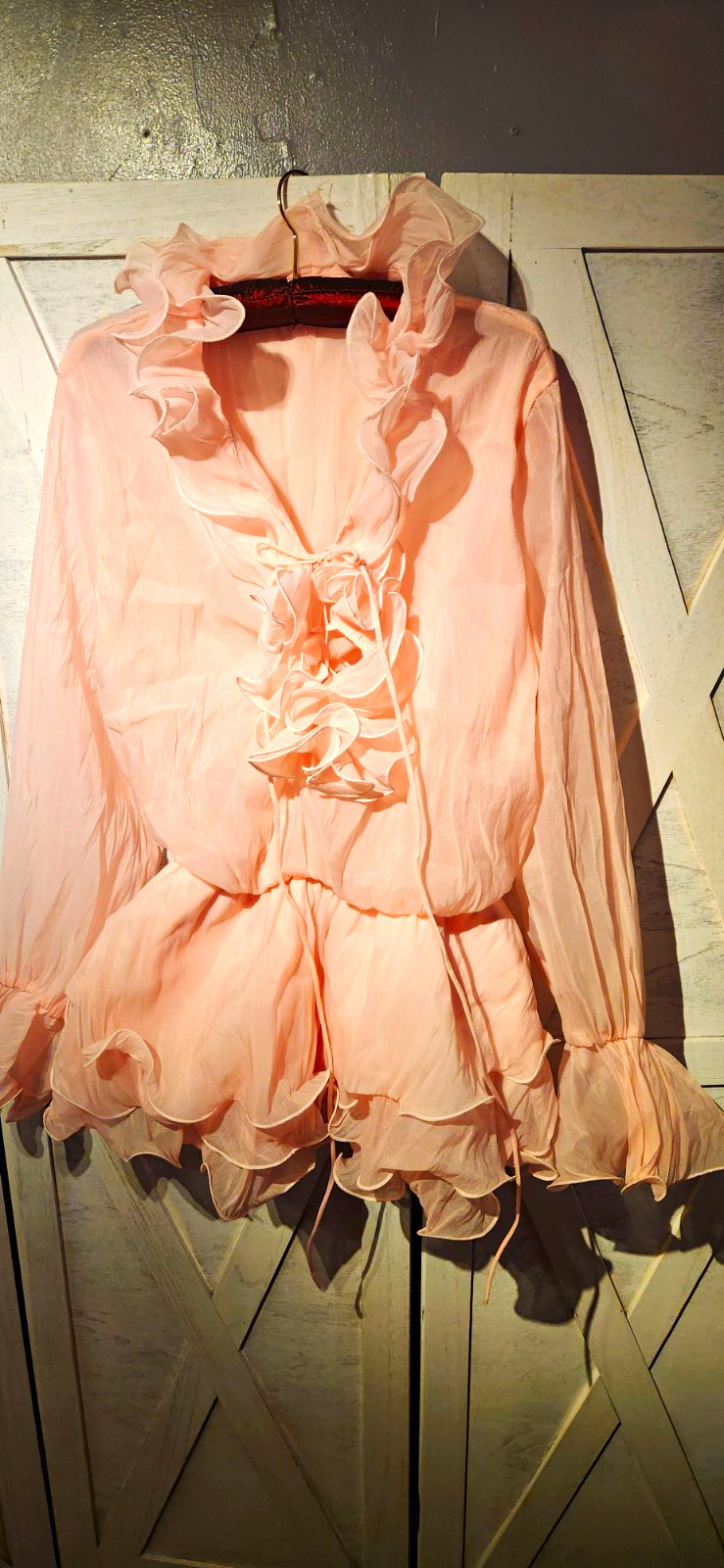 Women’s Pink Sheer Chiffon Ruffle V-Neck Lace-Up Blouse Bright Pink