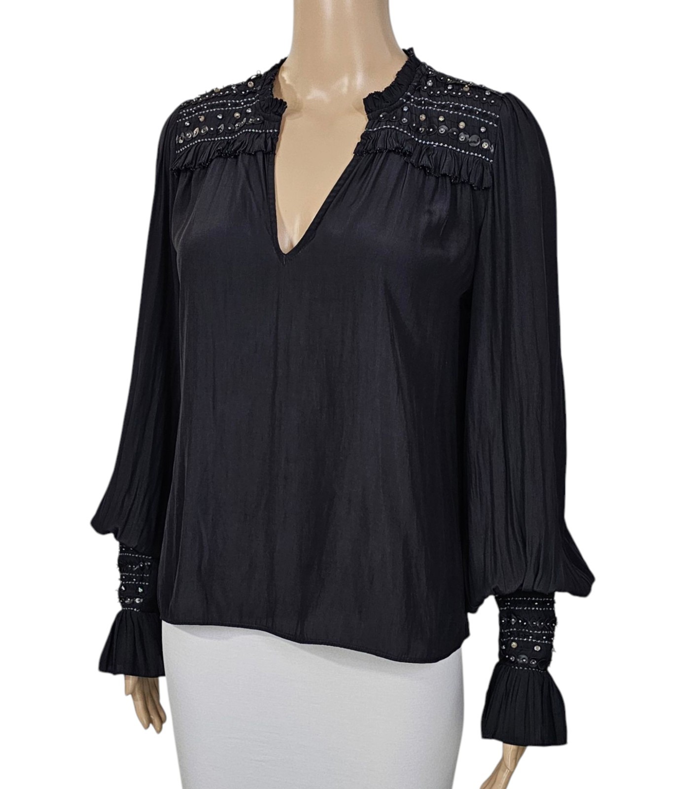 RAMY BROOK Embellished Cooper V Neck Ruffle Blouse In Black XXS $345