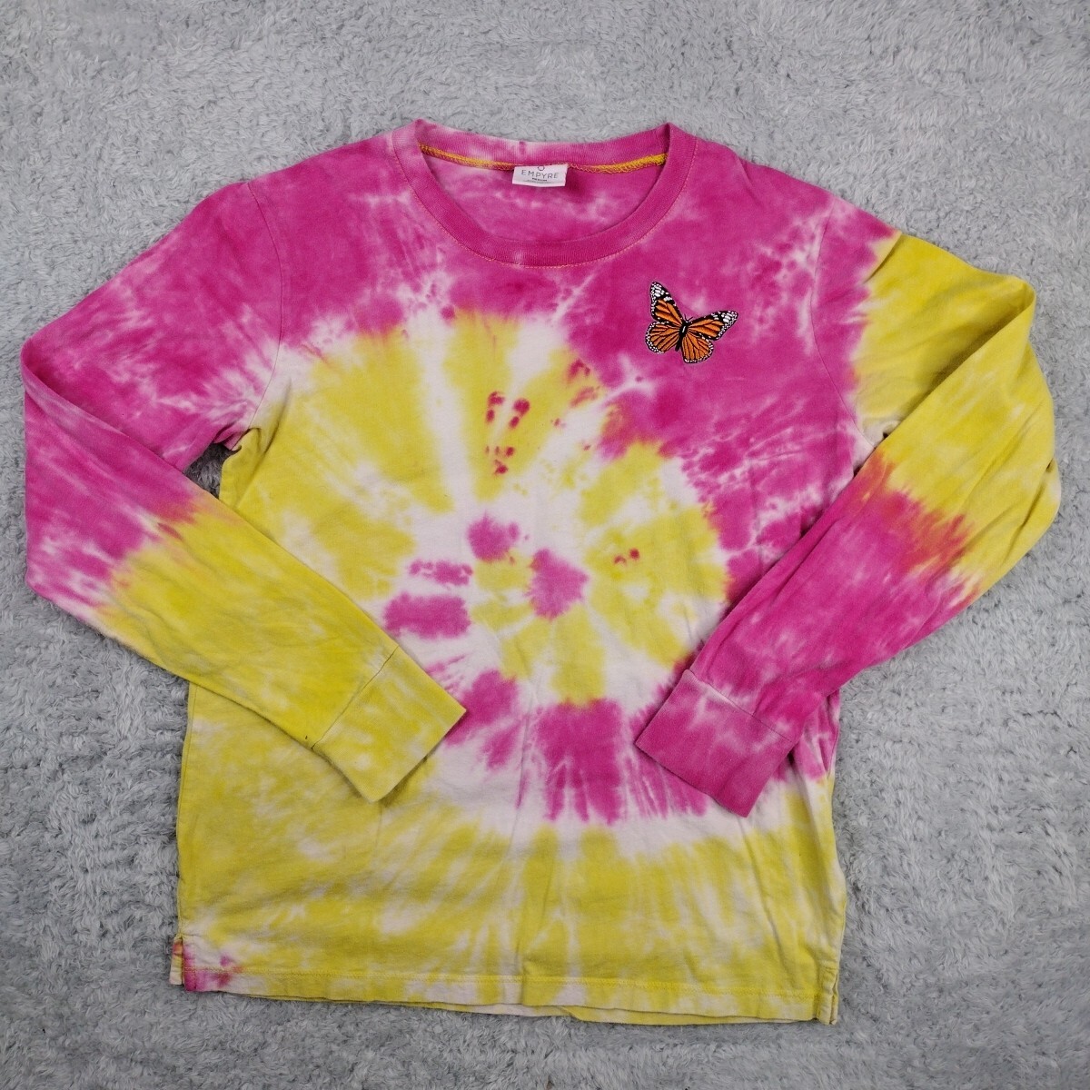 Empire Top Womens Medium Yellow Pink Tie-Dye Embroidered Butterfly Old Soul Tee