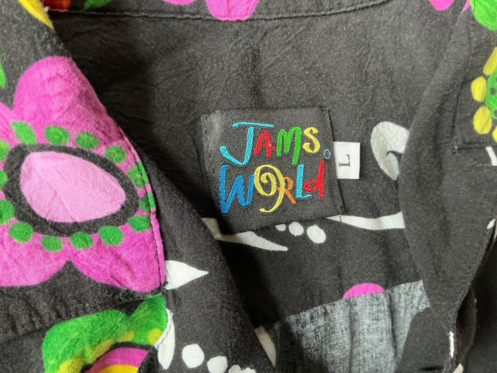 Vintage 90s JAMS WORLD Black Neon Floral FANTASMA Hawaiian Camp Shirt L Rayon