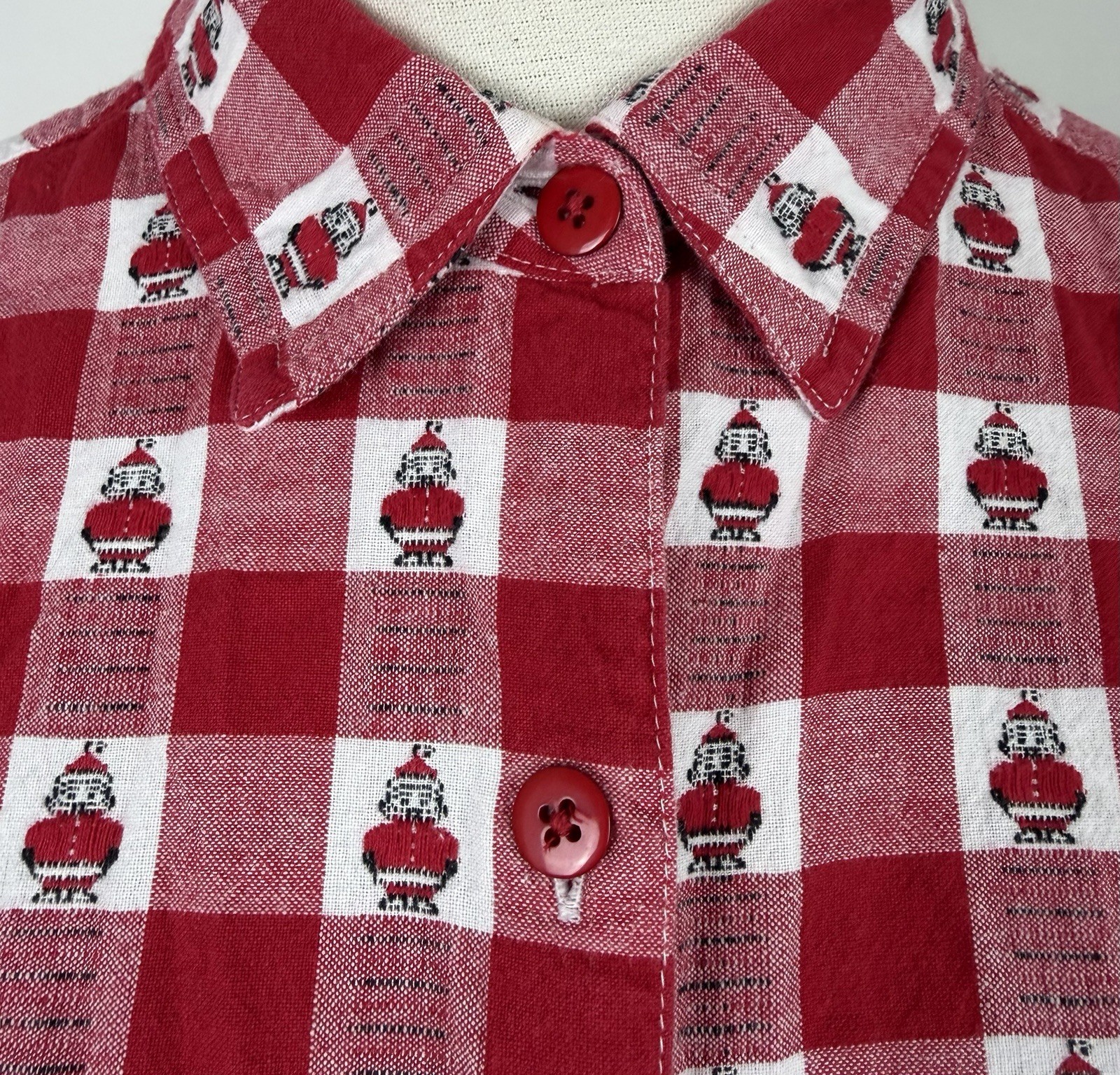Vintage Christmas Shirt Womens Medium Holiday Santa Claus Red Gingham Plaid 90s