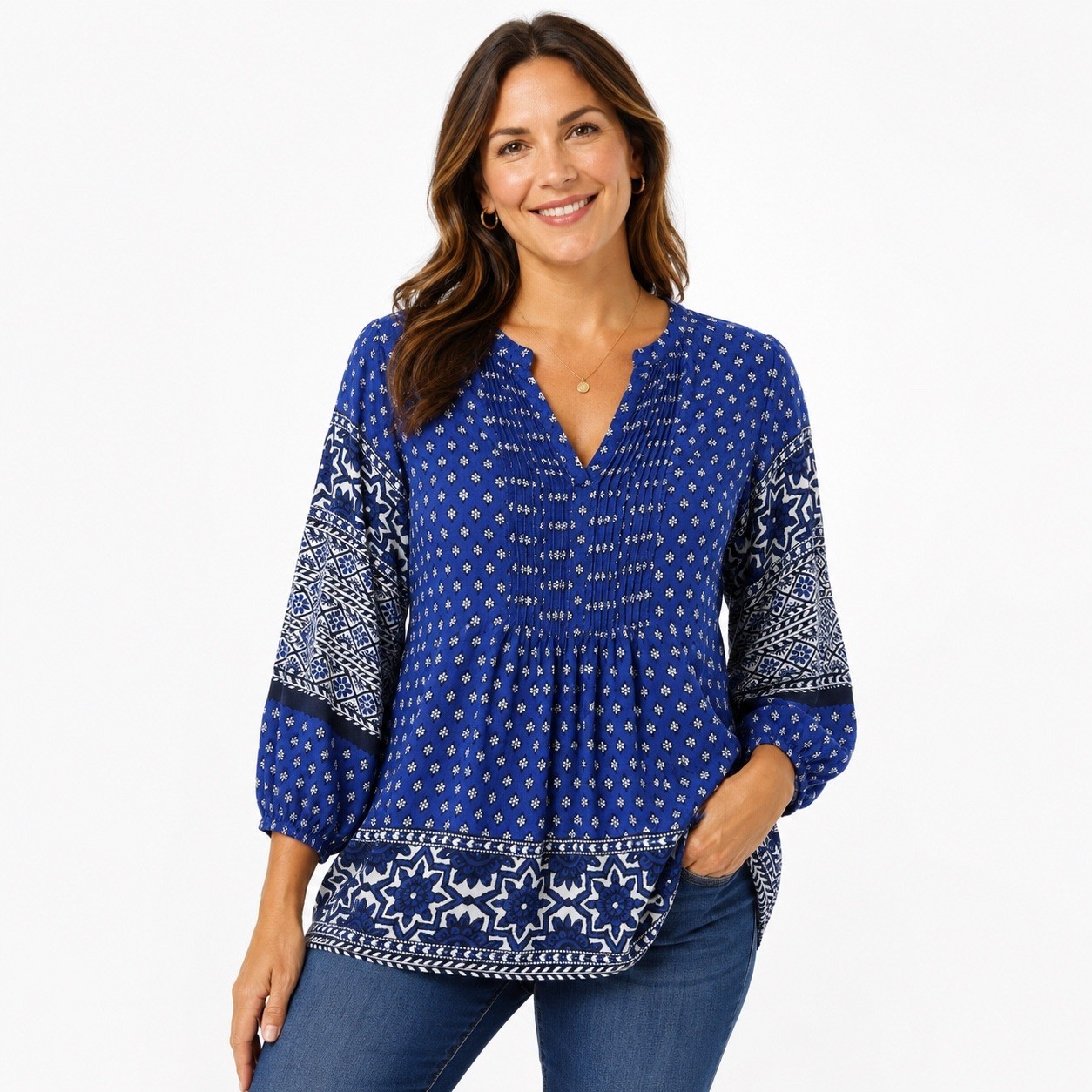 Lucky Brand Medium Blue Geometric Tile Print Pintuck Peasant Blouse Top
