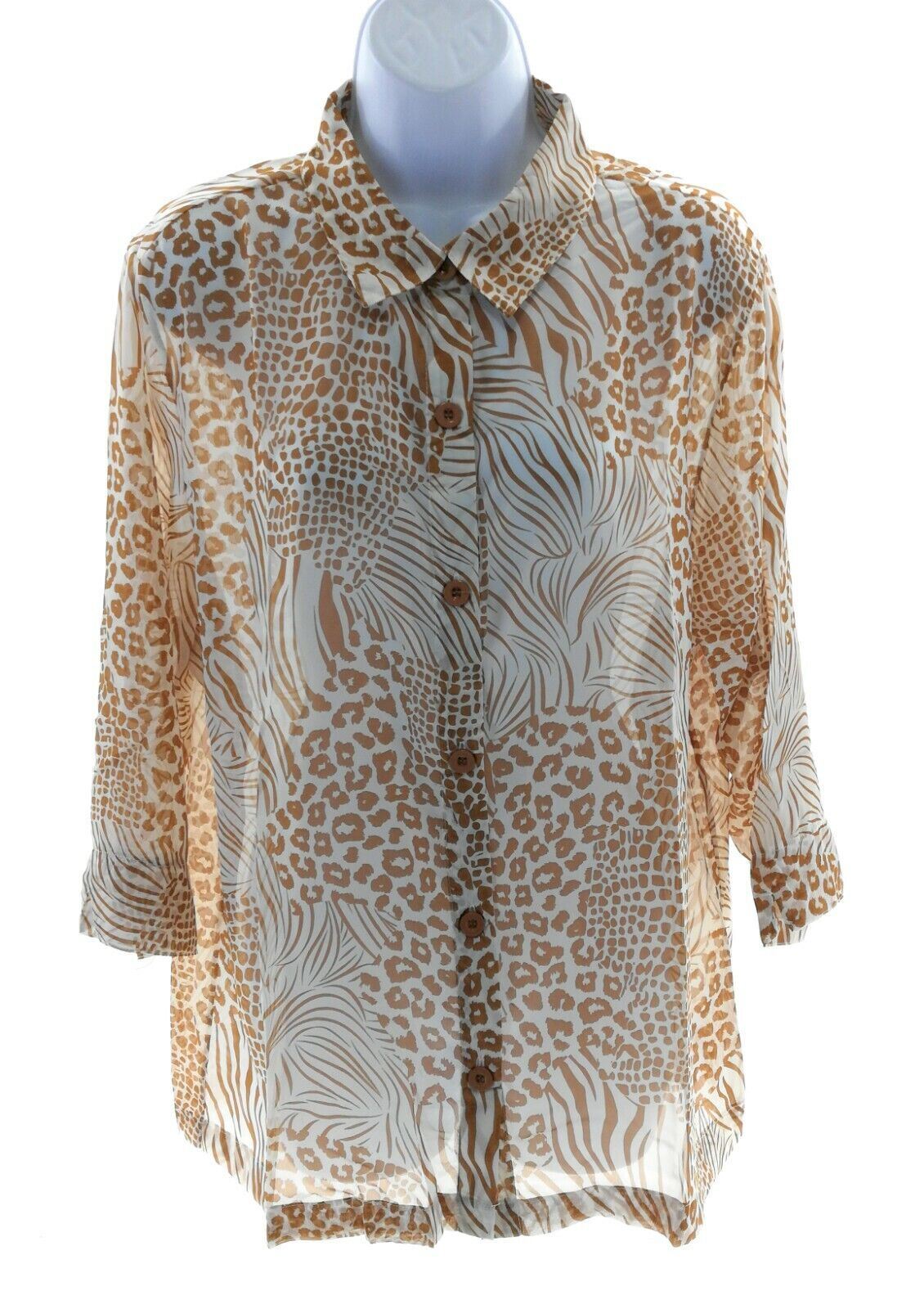 Salon Studio Womens Brown and White Animal Print Sheer Button Front Top Size XL
