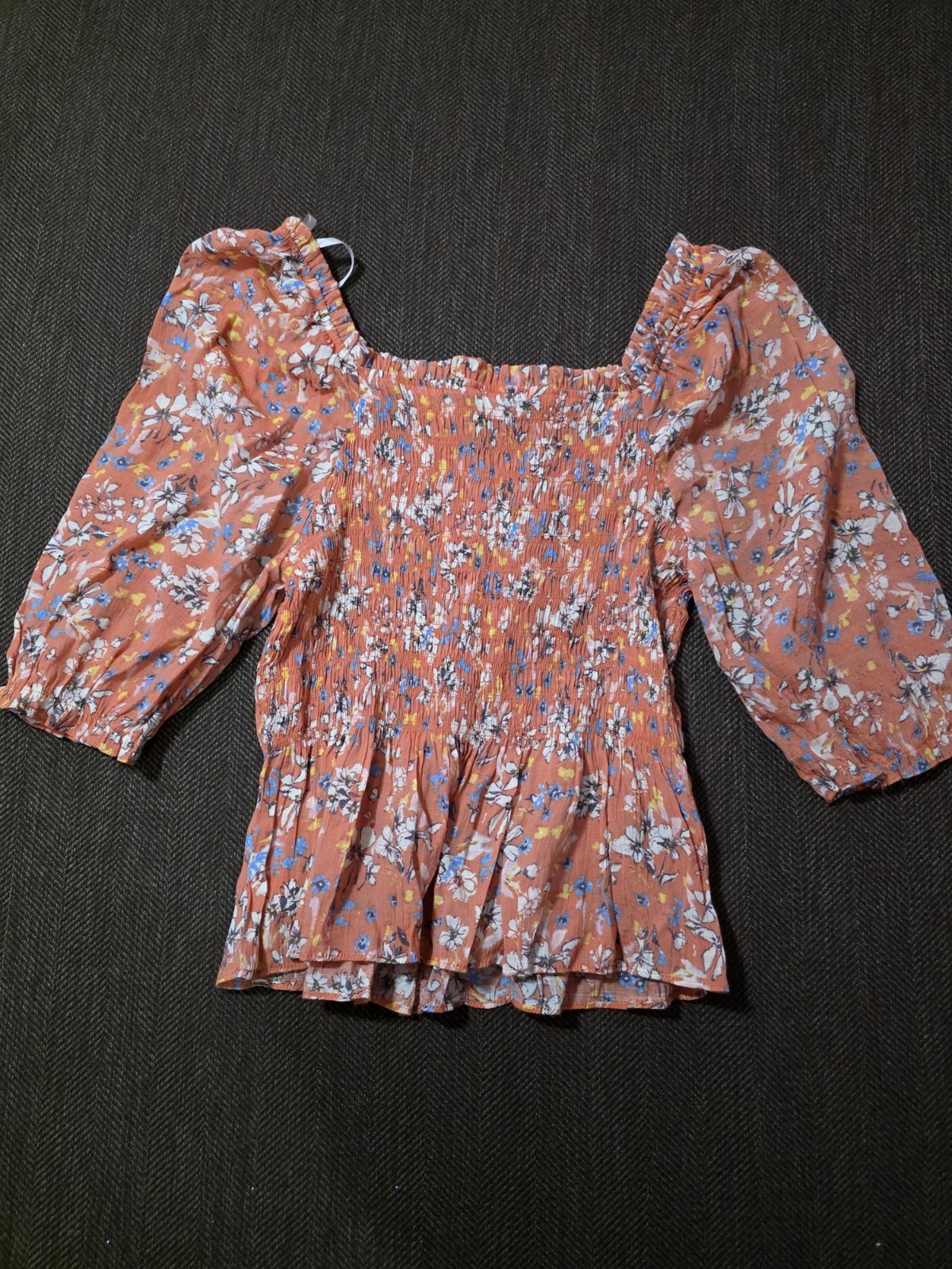 Nanette Lepore Women’s S Orange Floral Square Neck Puff Sleeve Smocked Blouse