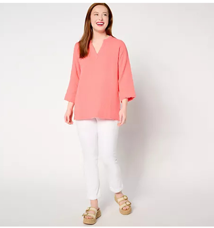 Belle by Kim Gravel Women Top Sz L Cotton Gauze Frayed Edge Tunic Tan A647284