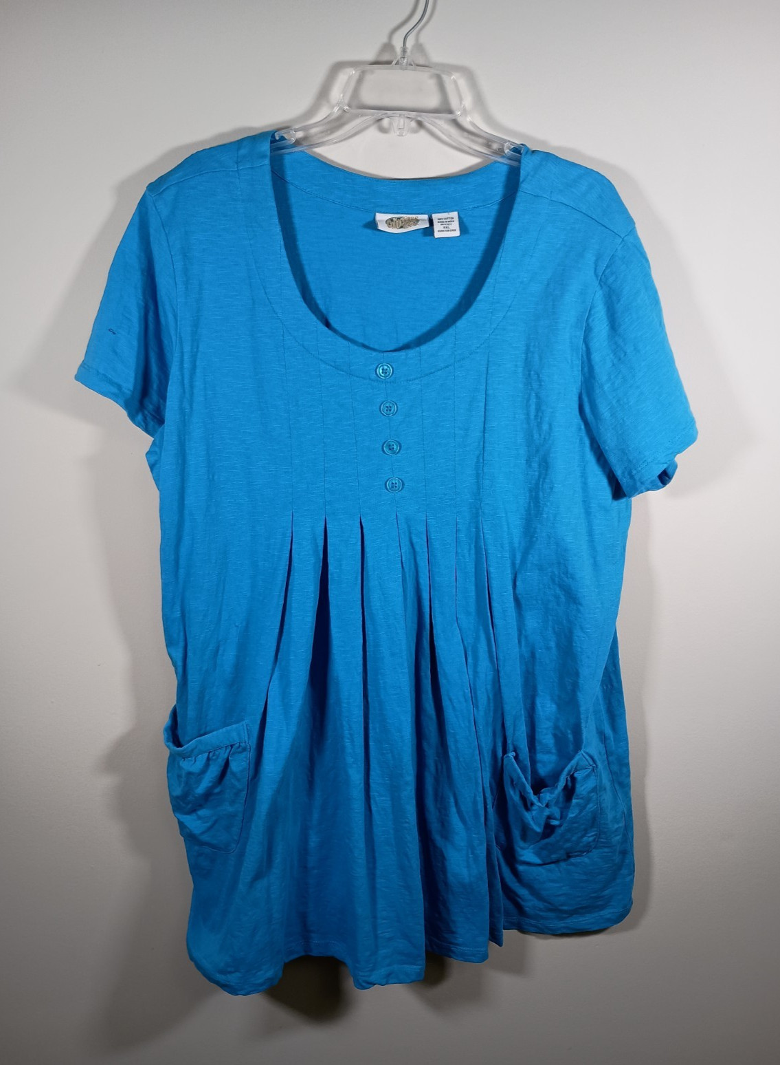 Collections Etc Short Sleeve Cotton Pintucked Pockets Blue Top Plus Size 2X