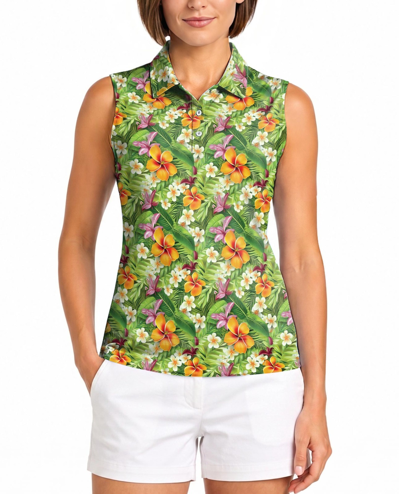 Plumeria Floral Women’s Sleeveless Performance Polo Shirt Tropical Golf Tennis