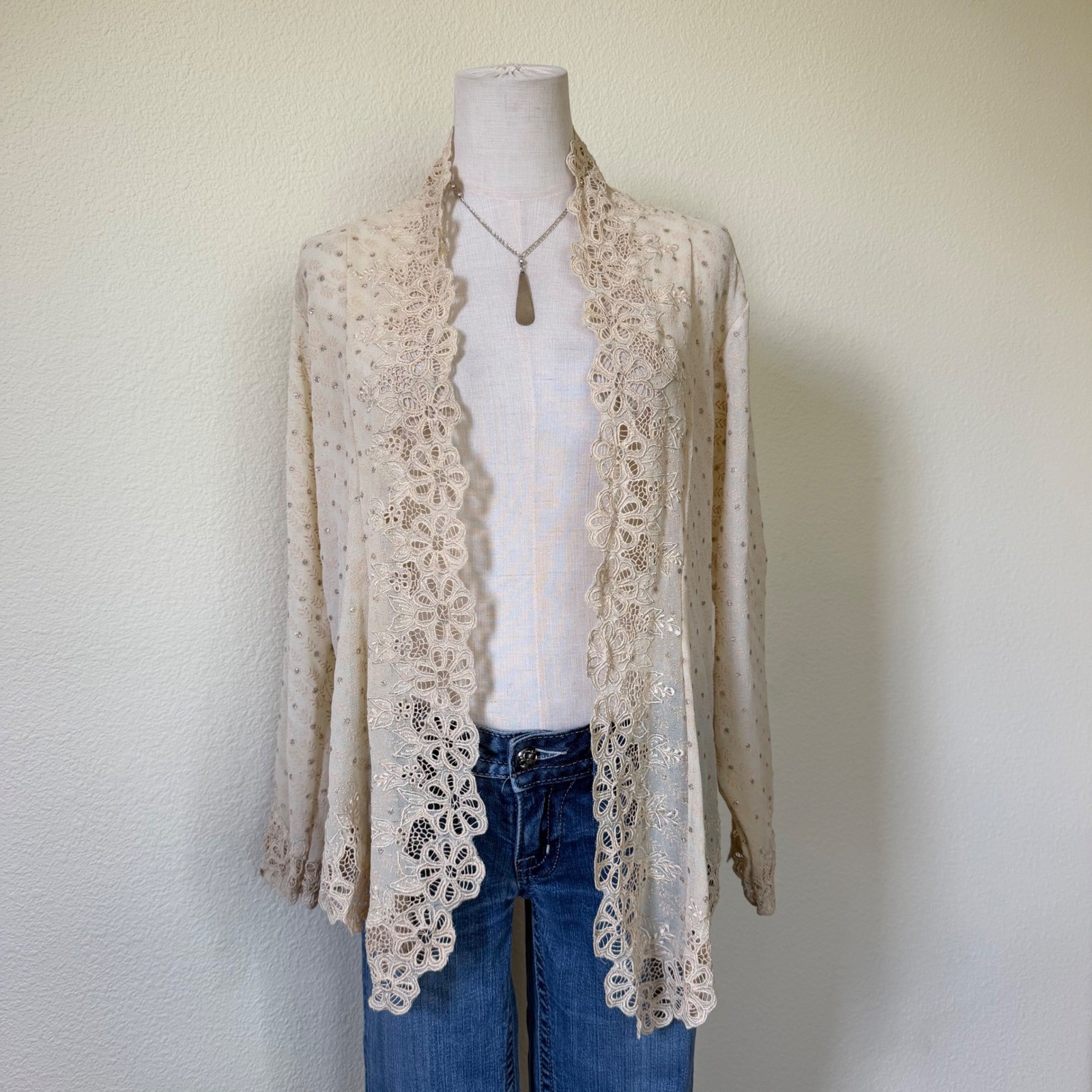 Vintage Ivory Lace Trim Open Front Cardigan Sheer Metallic Polka Dot Shrug Top