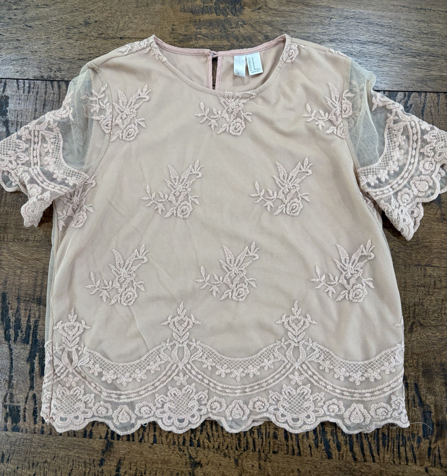 Romantic Sheer Lace Blouse Cottagecore Scalloped Floral Mesh Feminine M Beige