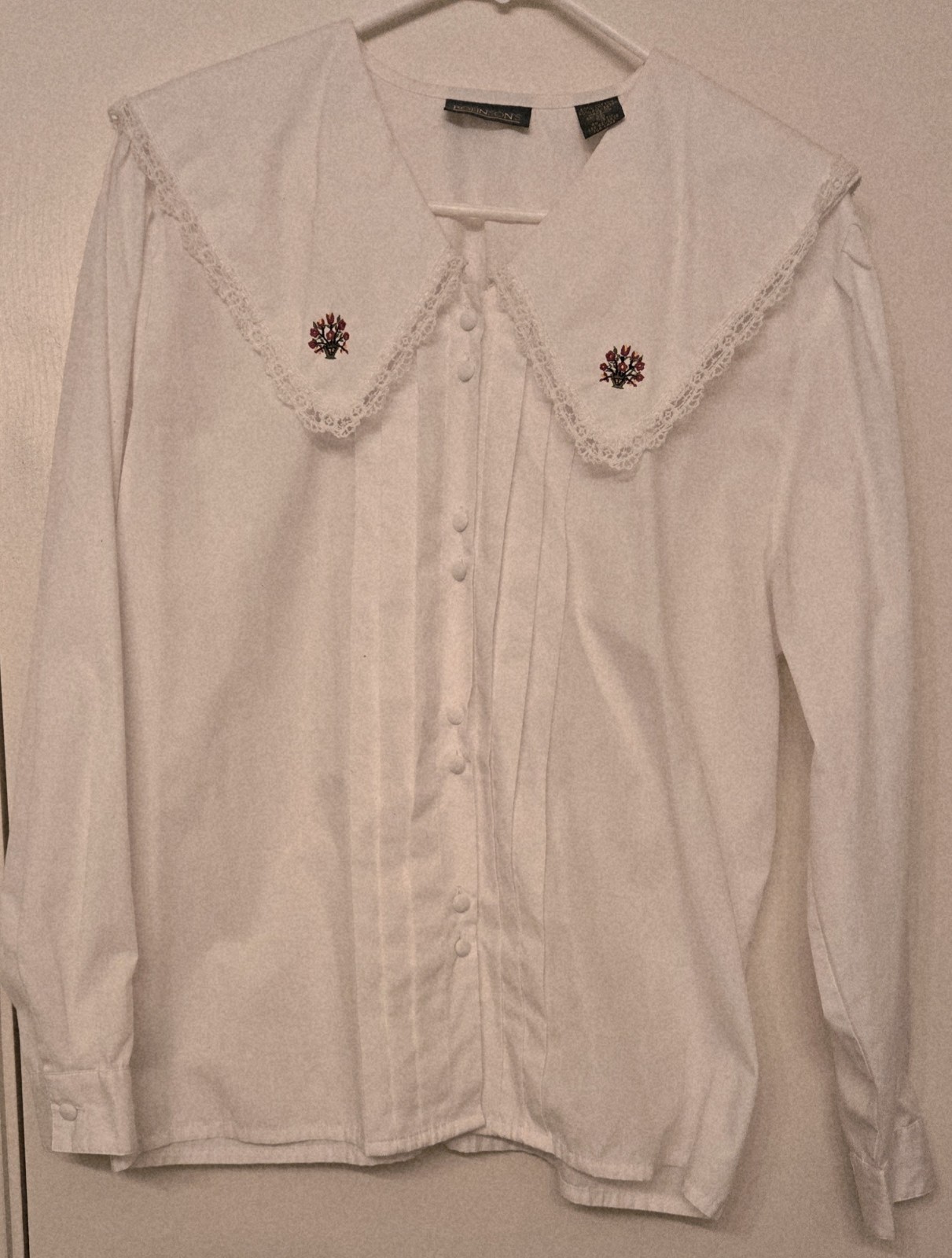Vintage 80’s ROBINSON’S, White Floral & Lace Pleated Button Up Blouse – Size 16