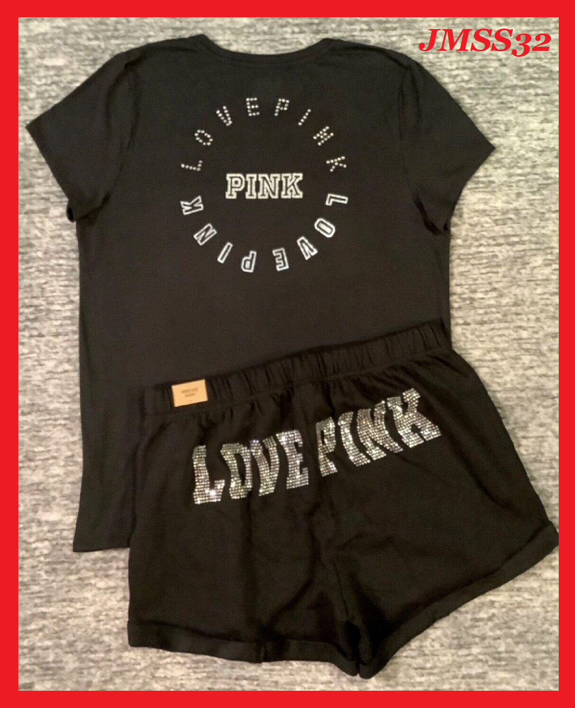 Victoria’s Secret Pink Bling Rhinestone Tee Shirt + Shorts Set Black Silver XL
