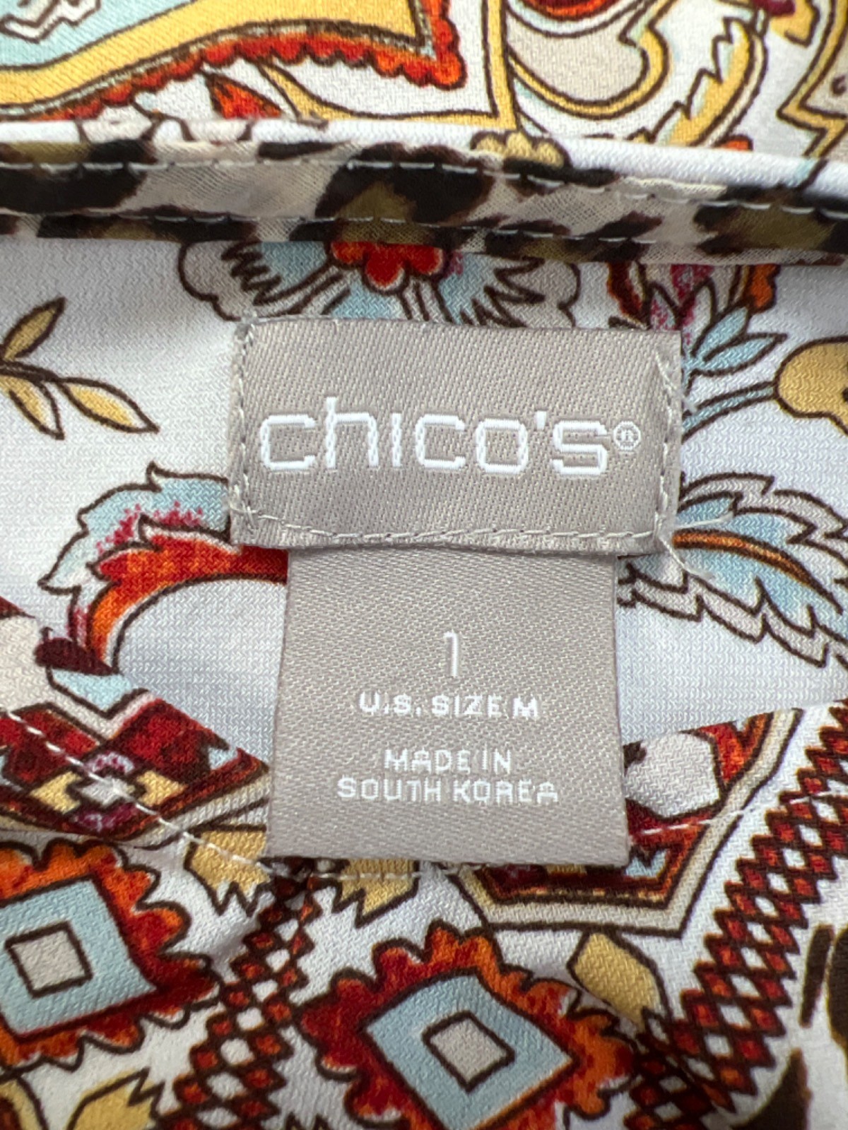 Chico’s Womens White/Brown Paisley/Animal Print3/4 Sleeve V-Neck Blouse – 1/US M