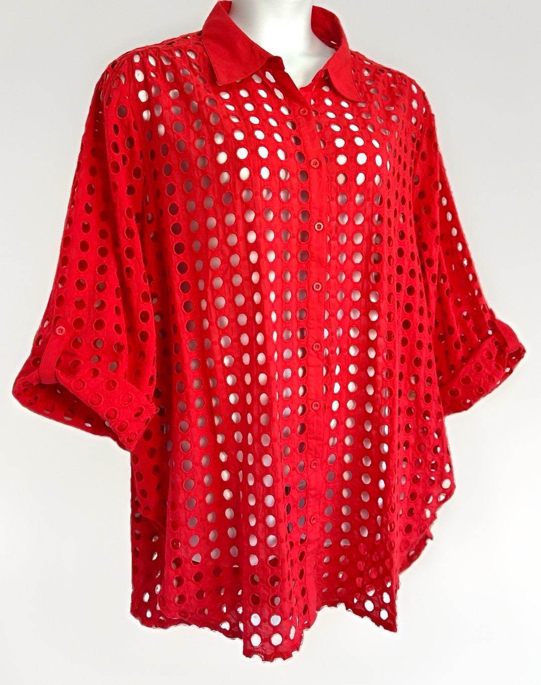 ADIVA Watermelon Openwork Eyelet Blouse Sz: 3X Button Up 3/4 Roll-Tab Sleeves