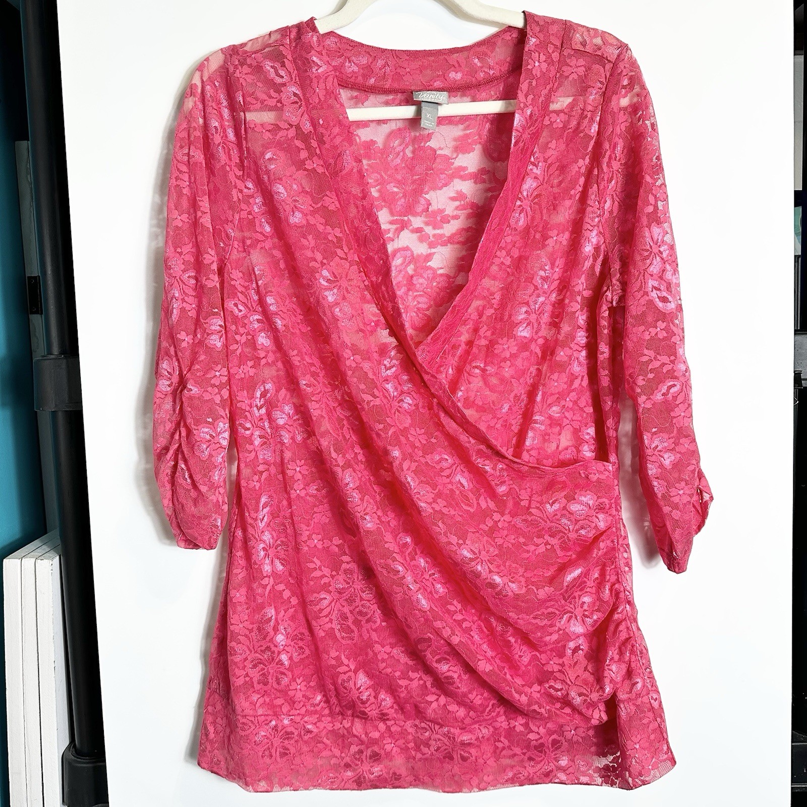 Vanity Womens Sz XL Hot Pink Sheer Lace Faux Wrap Blouse 3/4 Sleeve Excellent