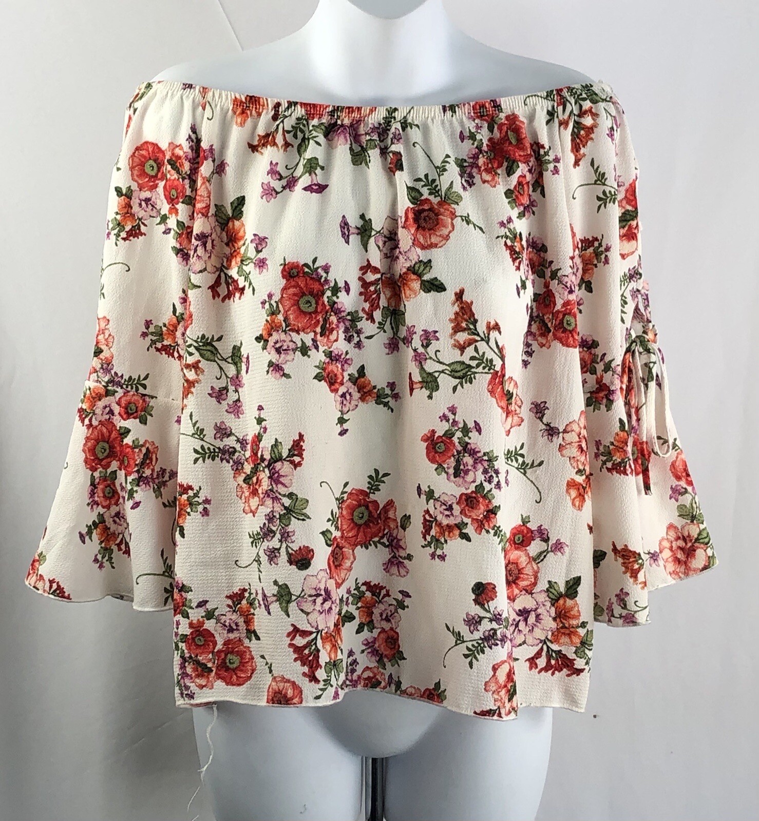 NWT off shoulder Flowy top L ivory floral LaceUp flutter sleeve Peasant Romantic