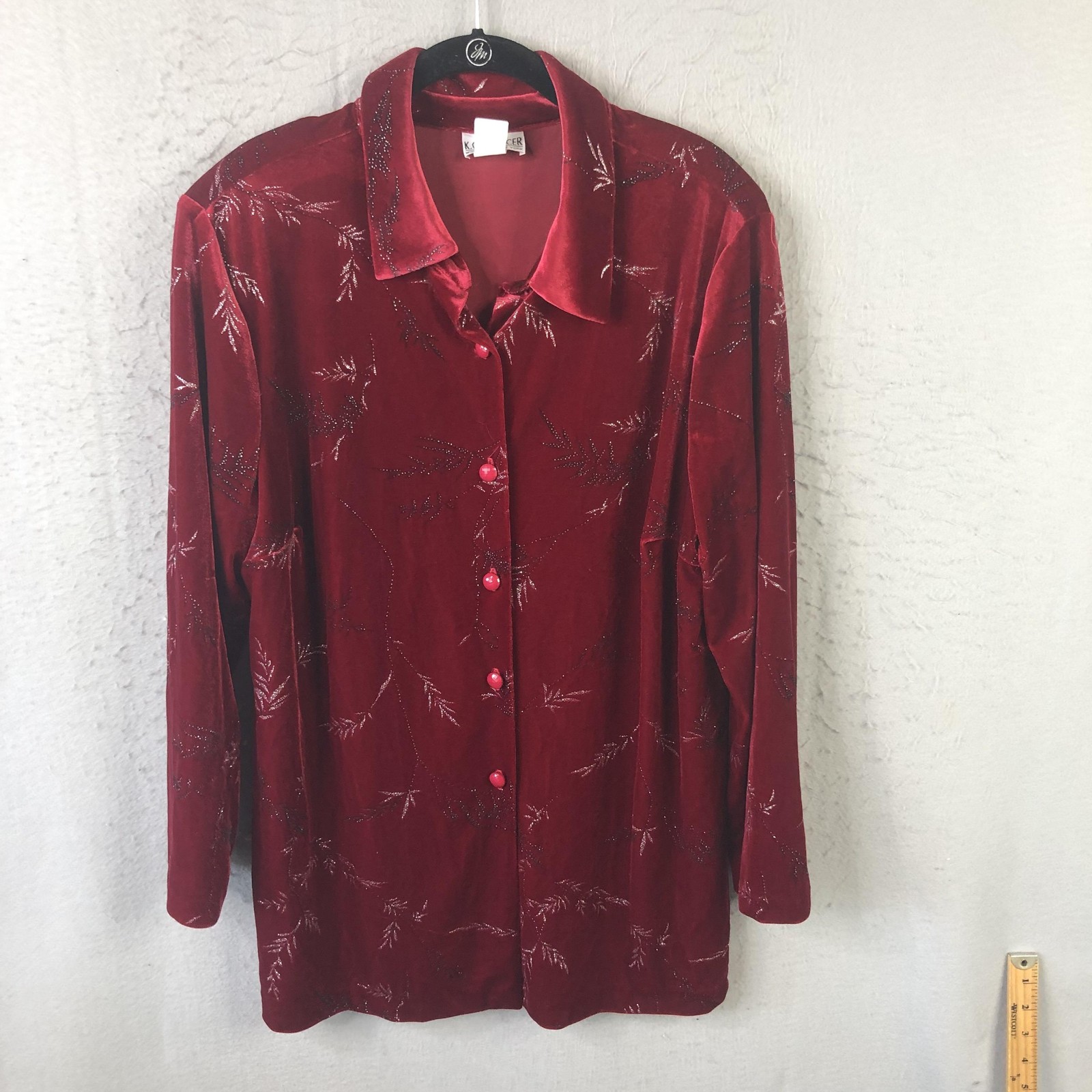 KC Spencer Shirt Womens 16W Red Velvet Button Front Beaded Leaf Made USA Plus