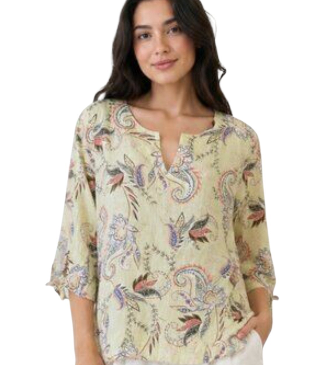 J.Jill Love Linen Floral Paisley Light Zest Midsummer Tie Sleeve Blouse L Beach
