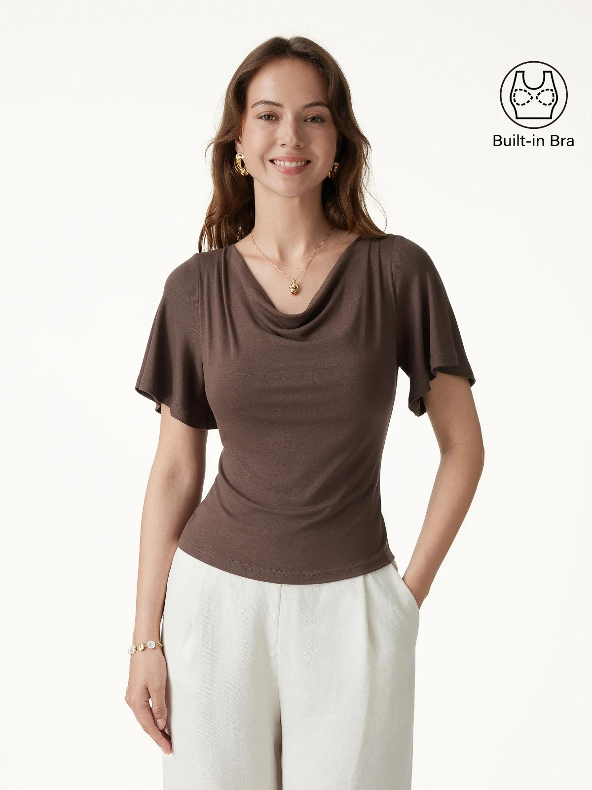 OGL Cowl Neck Flutter Sleeve Bra Tank Top Built-In Support New – Chocolate Brown