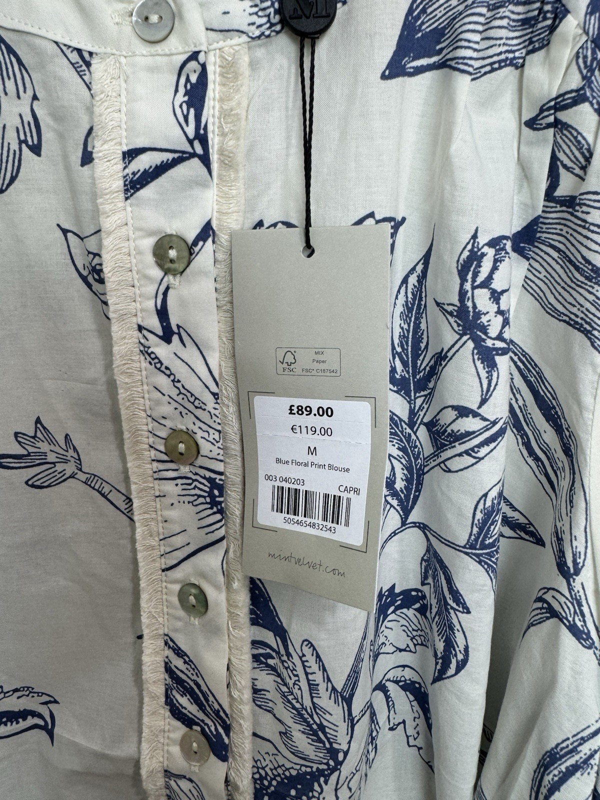Mint Velvet Blue Floral Cotton Blouse Top Size M Feminine Fringed RRP £89