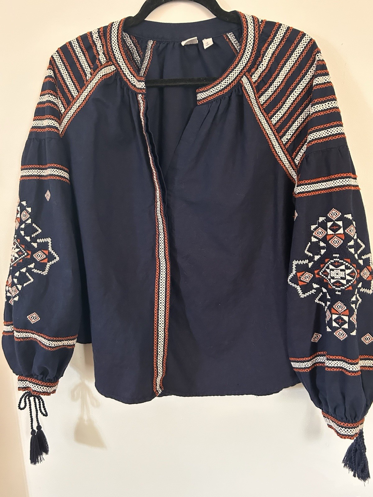 Gap Women’s Blouse Linen/Cotton Navy Embroidered Long Sleeve Medium