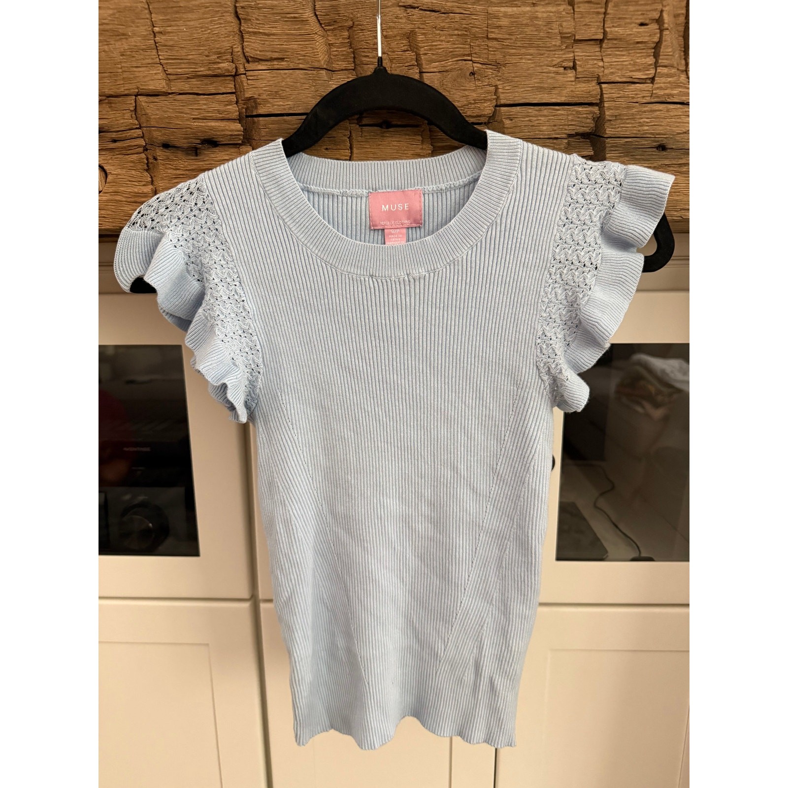 MUSE Republic Clothing Baby Blue Ribbed Flutter Sleeve Knit Top Small