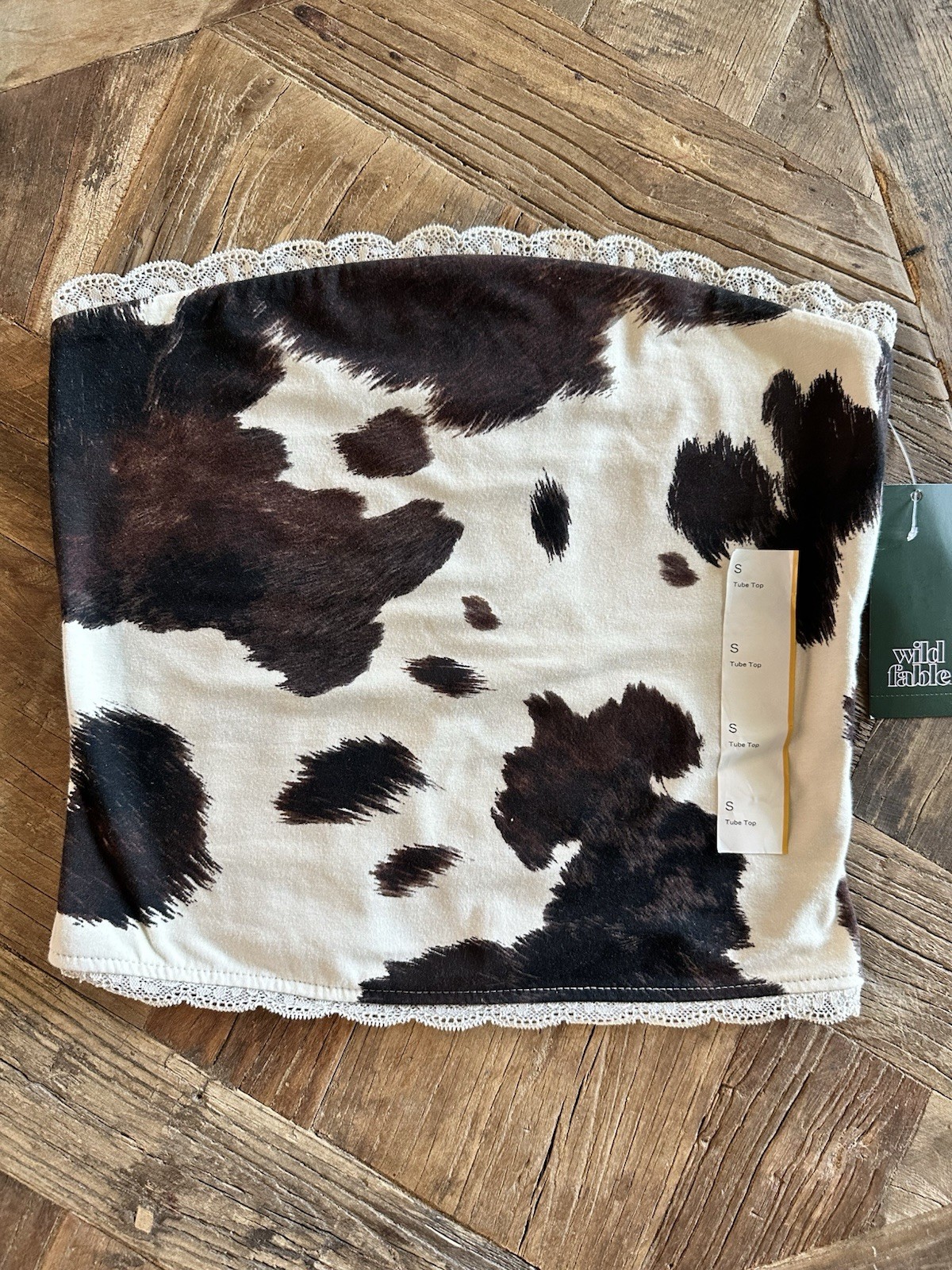 Wild Fable Brown And Cream Cow Print Tube Top With Lace Trim Size Small NWT