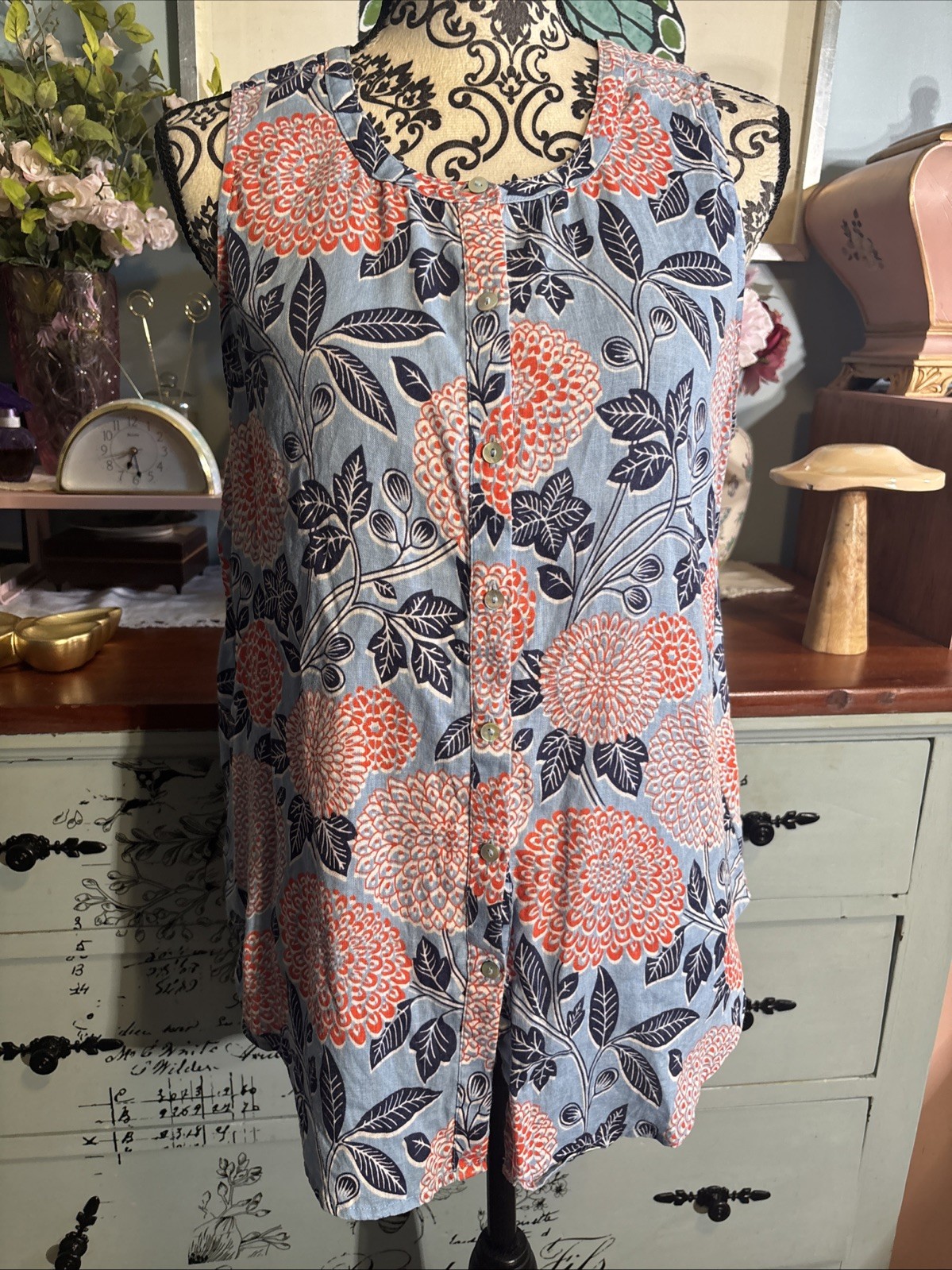 Cynthia Rowley 100% Linen Floral Blouse Blue Coral Sleeveless Button Front Sz M