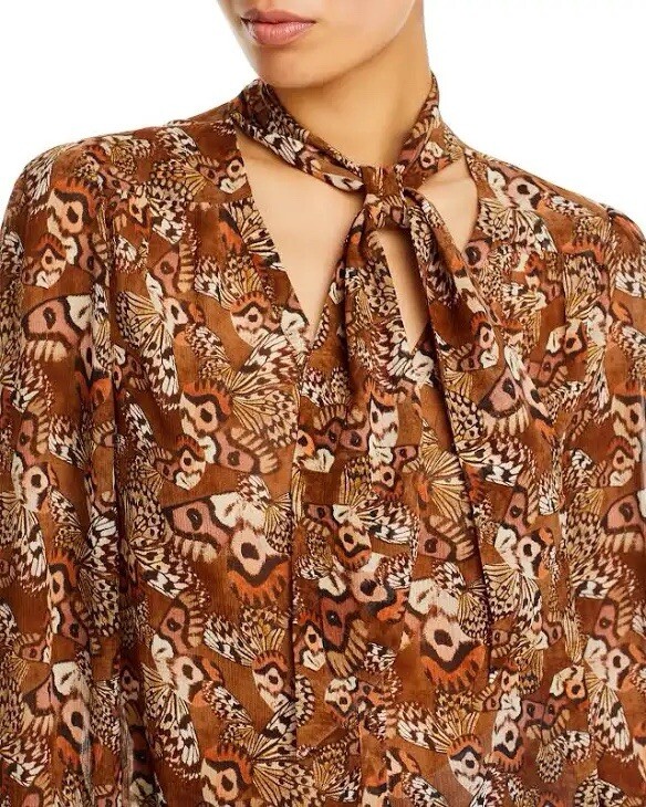 PAIGE MARCELA SILK CHIFFON BLOUSE BUTTERFLY PRINT CINNAMON MULTI LARGE NWOT