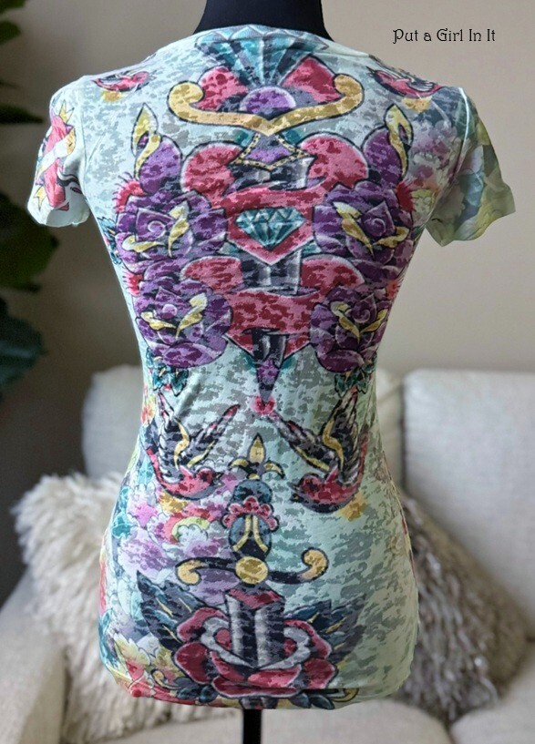New VOCAL Womens CRYSTAL SAGE BURNOUT ROSE BIRD OLD SCHOOL SHIRT S M L Y2K