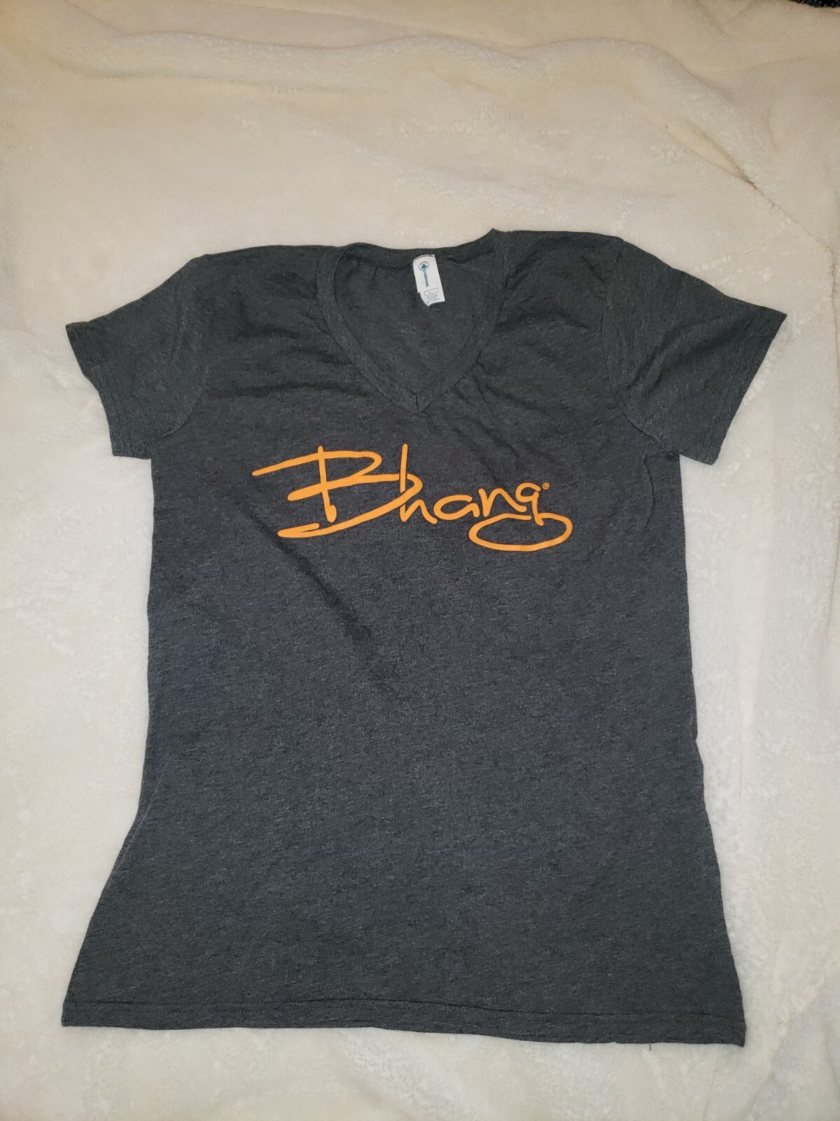 Large Dark Heather Grey Vneck Logo Graphic Women’s Tshirt Delta Ringspun