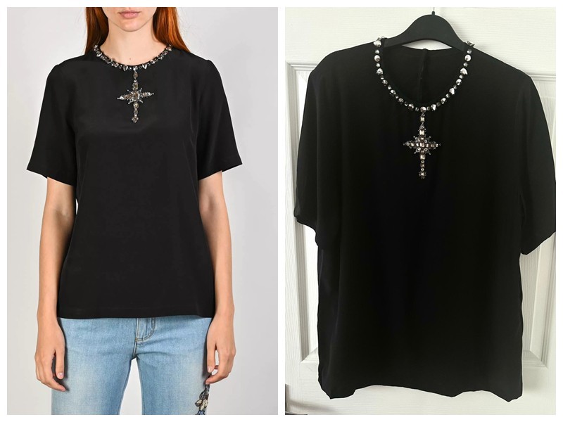 NewRRP £680 DOLCE & GABBANA Black Crystal Cross Embellishment Silk Short Sleeves
