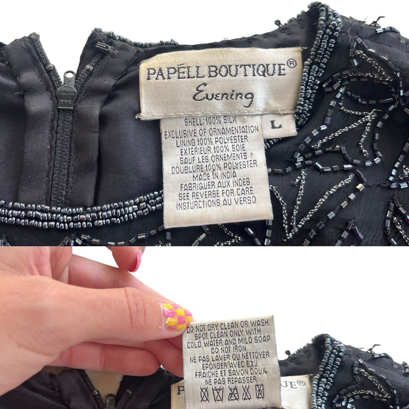 Papell Boutique Evening Women Large Black 100% Silk Beaded Floral Pattern Blouse