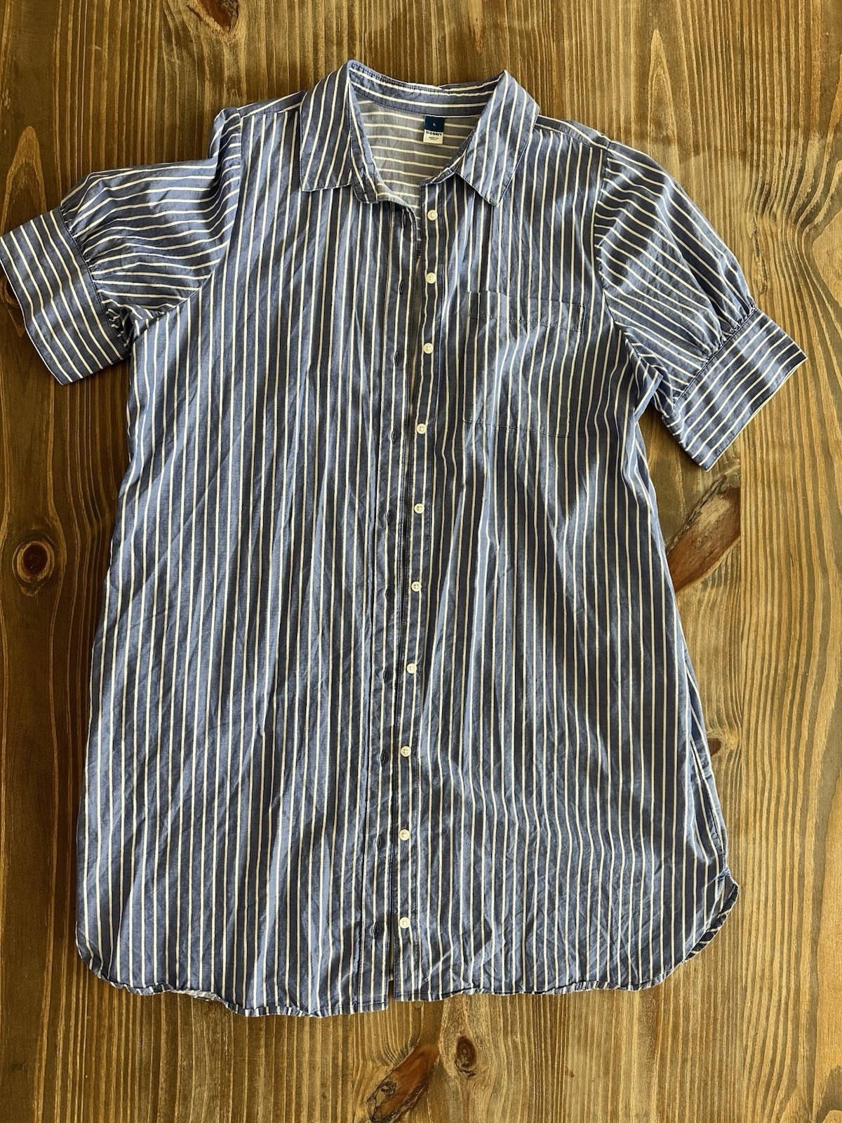 Old Navy Striped Blue/White Button-Up Collared Short Sleeve Dress 100% Cotton L