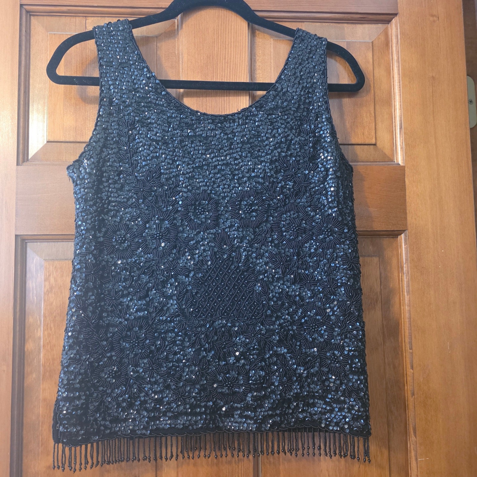 Hand Beaded fringe Heavy Wool Black Sequin Vintage Women’s Cocktail Top Small