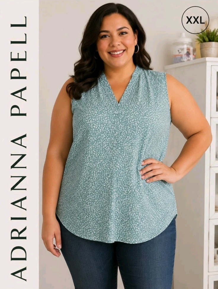 ADRIANNA PAPELL Womens XXL V-Neck Shell Ditsy Floral Career Office Green Top