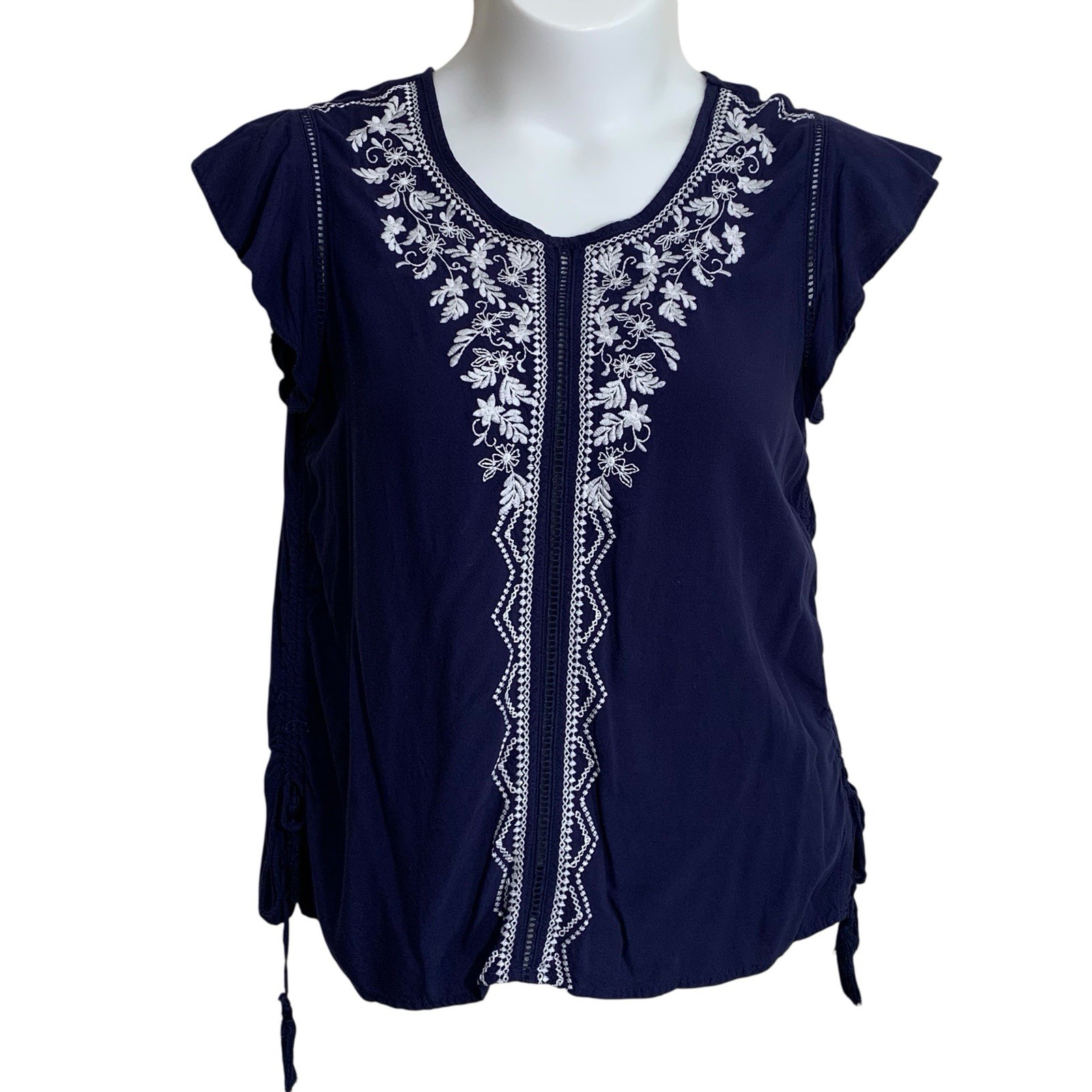 Fourteenth Place Blouse Womens Large Blue White Floral Embroidered Short Sleeve