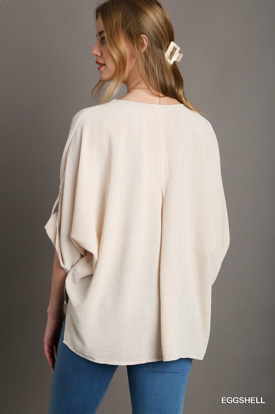 Eggshell Umgee V Neck Oversized Top with 3/4 Adjustable Sleeves