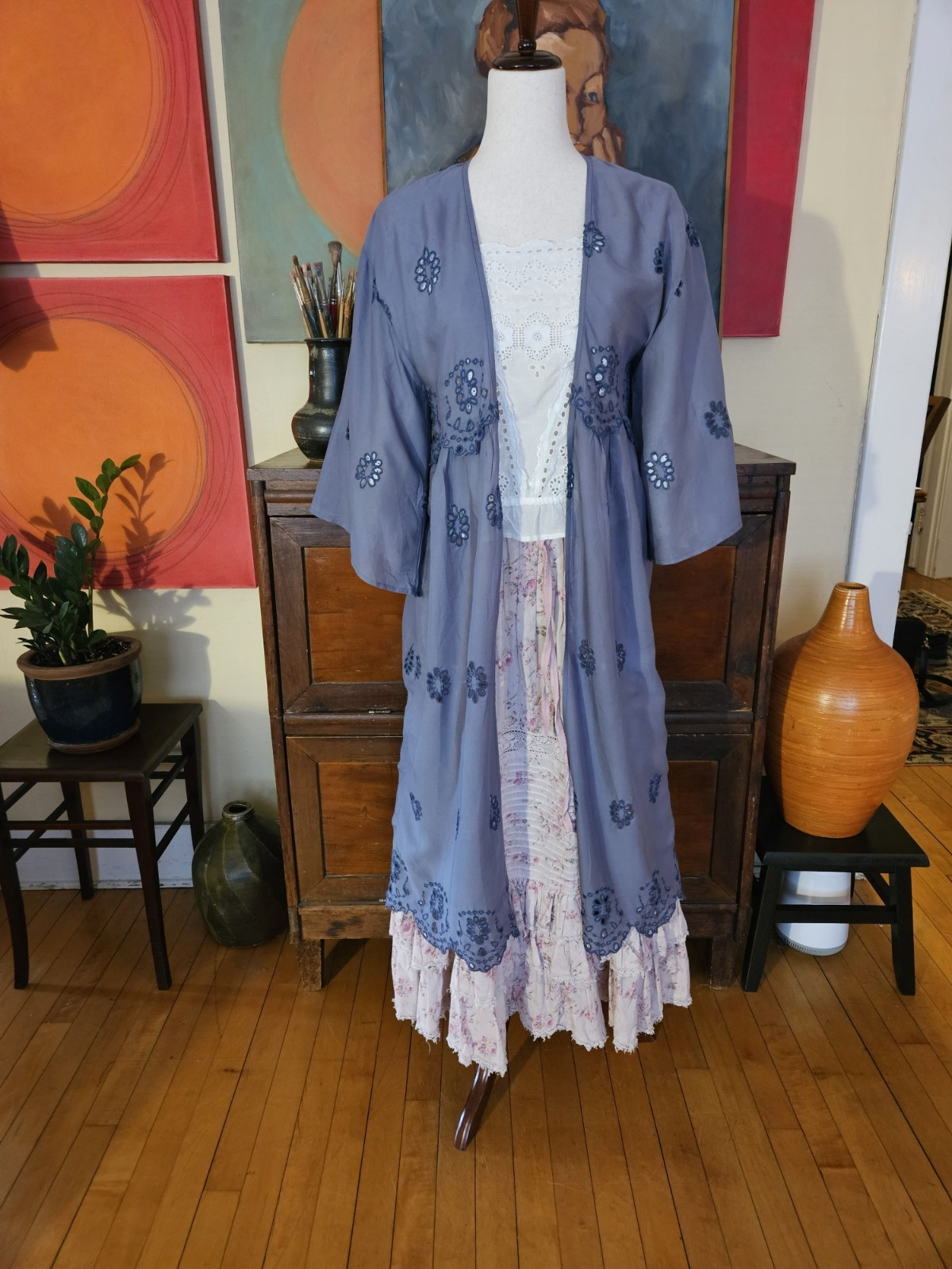 American Eagle Duster XS/S Festival Long Eyelets Boho Blue w Magnolia Pearl