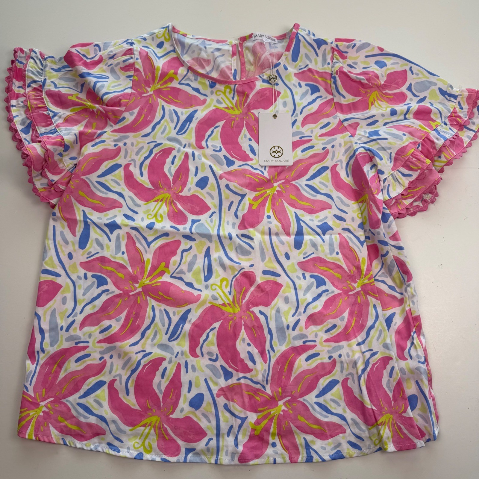 Mary Square Cassidy Top Hibiscus Harmony White Floral Ruffle Sleeve Blouse M NEW