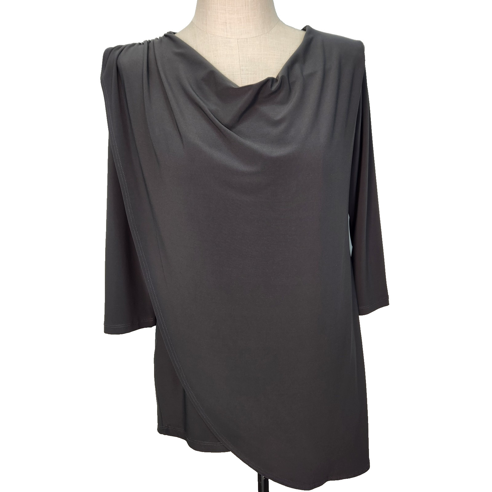 Clara Sun Woo Drape Front Tunic Blouse M Gray Slinky 3/4 Sleeve USA Made