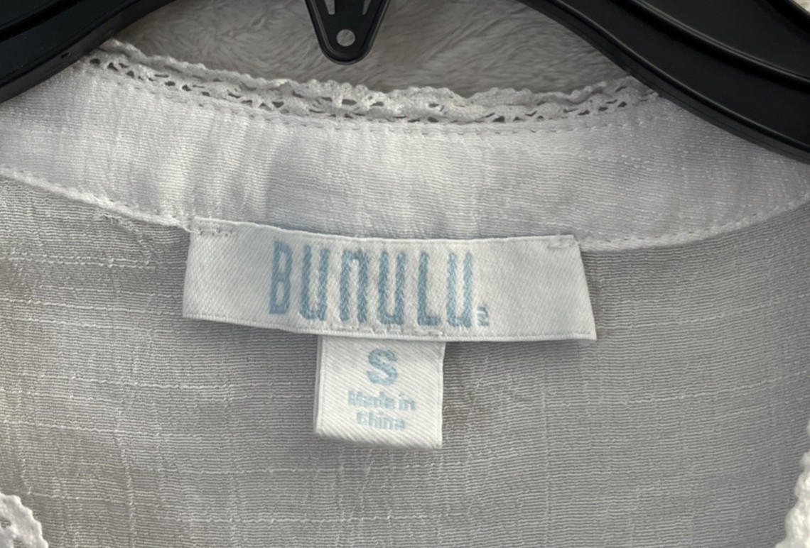 Bunulu Womans Button Up Top White Small Solid Sheer Round Neck Sleeveless