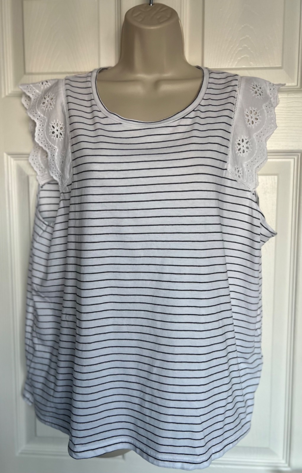 NEW M&S Ladies White Mix Striped Sleeveless Pure Cotton Top Regular Fit Size 20