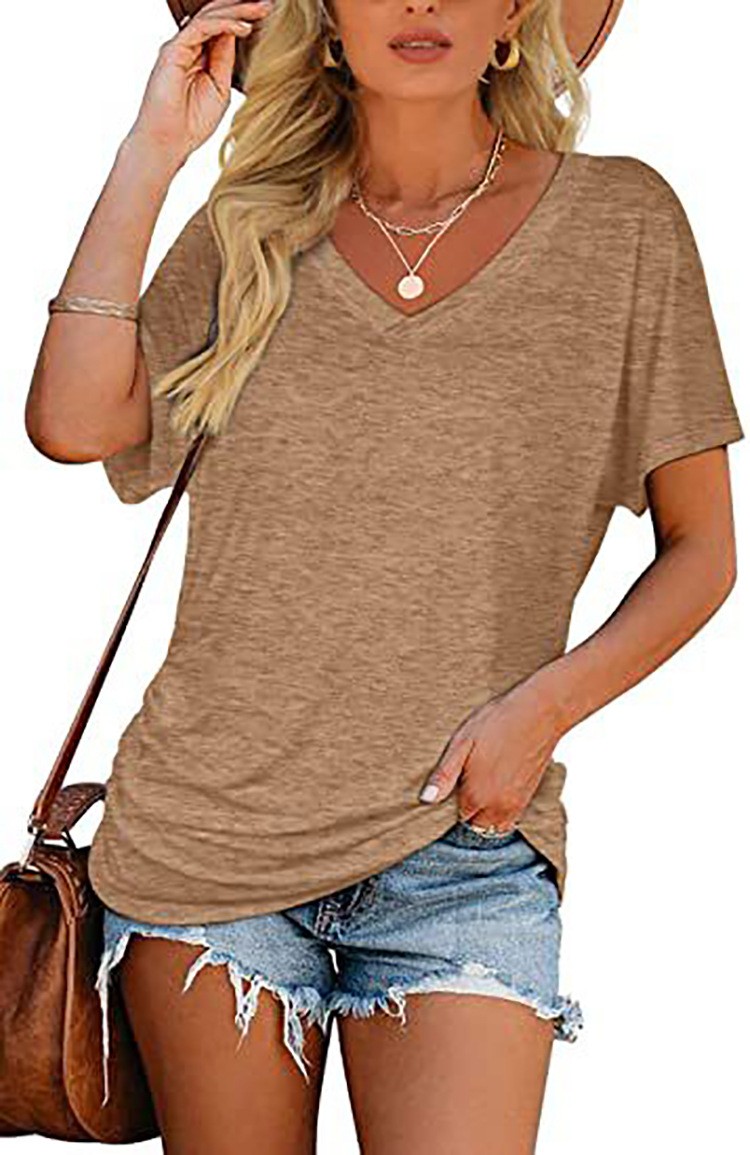 Women’s Solid V-Neck Short Sleeve T-Shirt Loose Cotton Blend Summer Tee Blouse