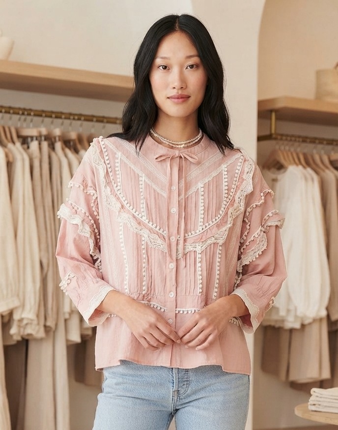 Anthropologie Maeve Pink Lace Pom Pom Button Down Blouse Small S EUC